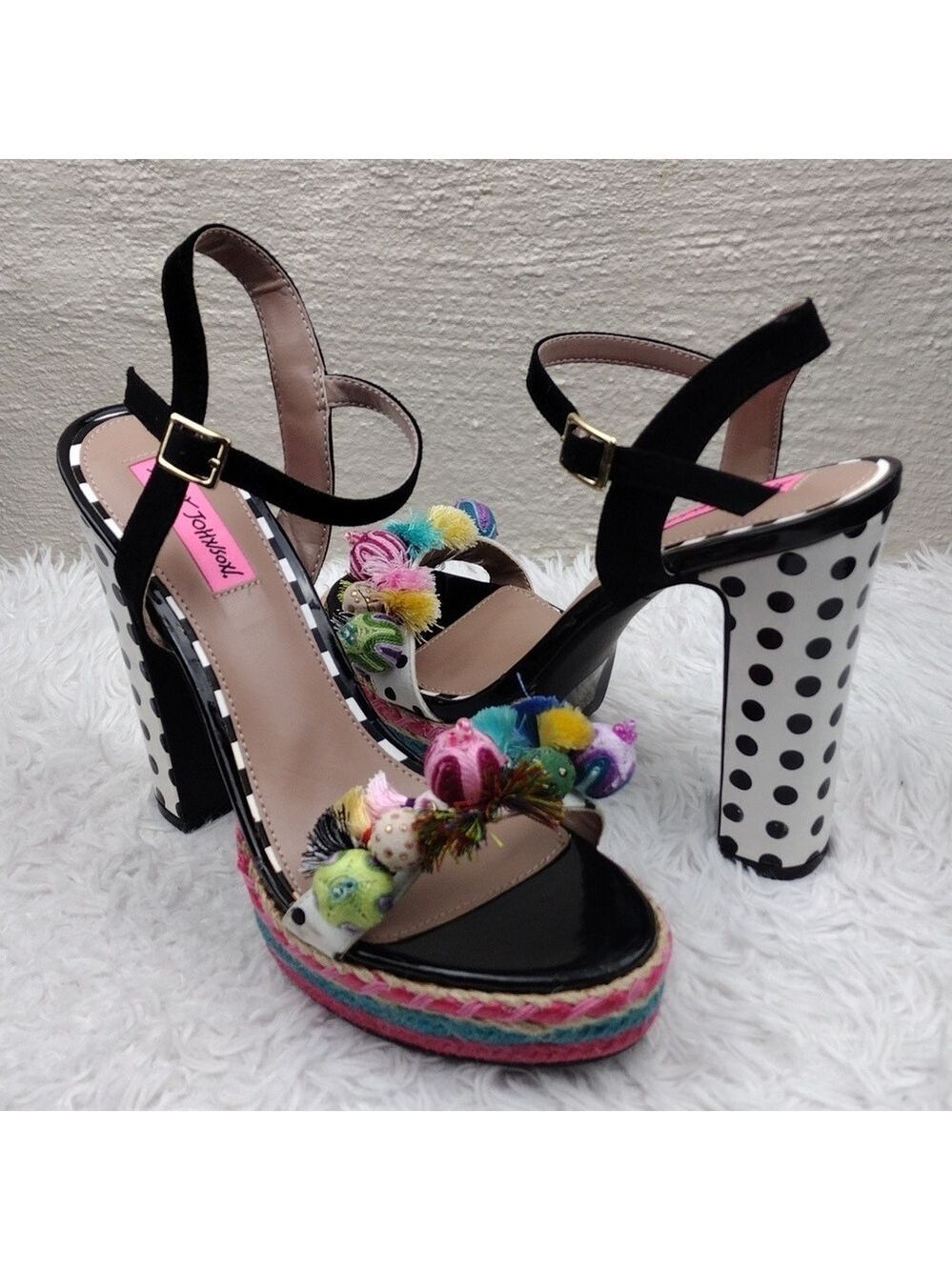 Betsey Johnson Polka Black White Embroidered Open Toe Slingback High Heel Shoe